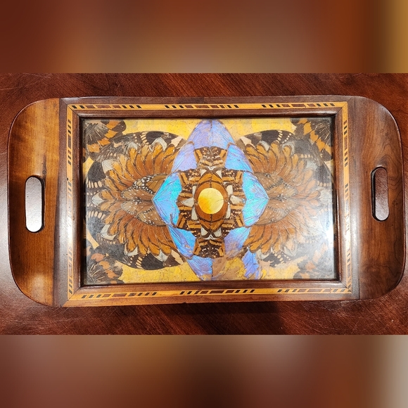 Vintage Inlaid Wood Tray with Butterfly Wings - Picture 3 of 16